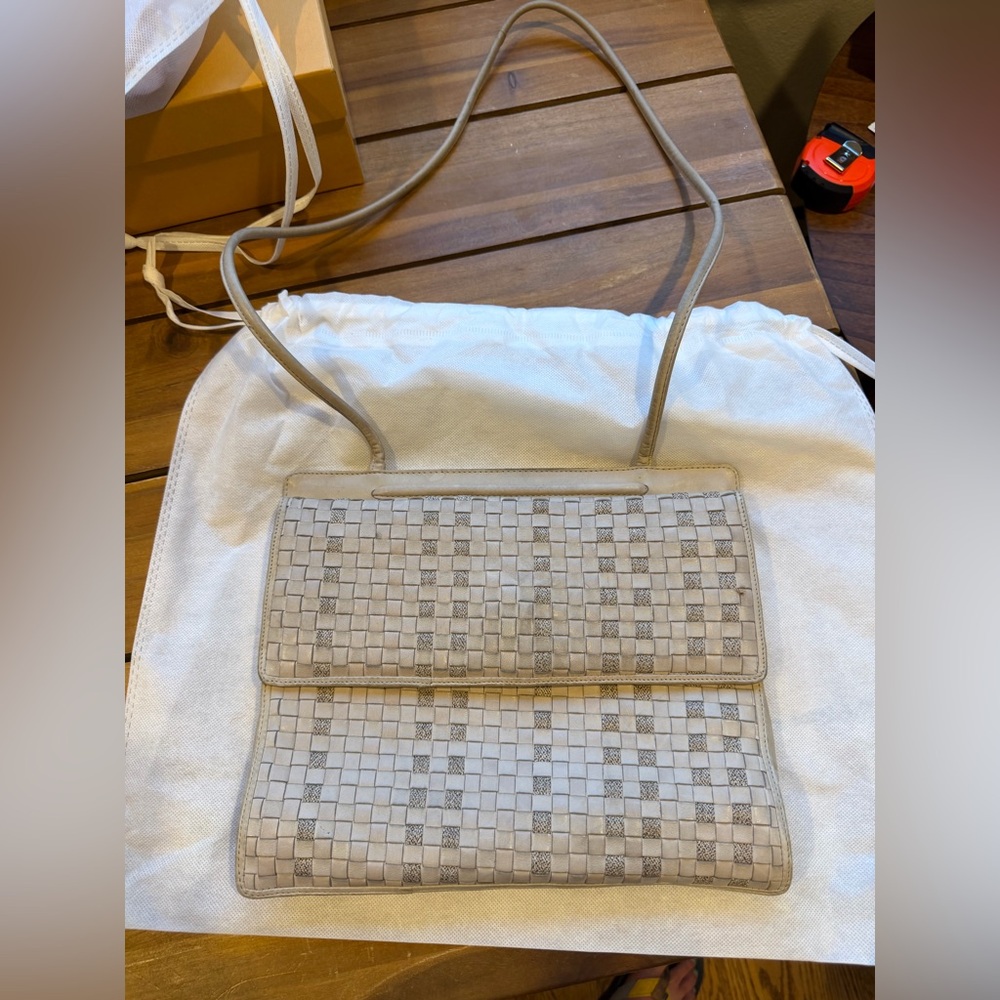 Vintage Bottega Veneta Woven Leather Shoulder Bag in Cream and Gray